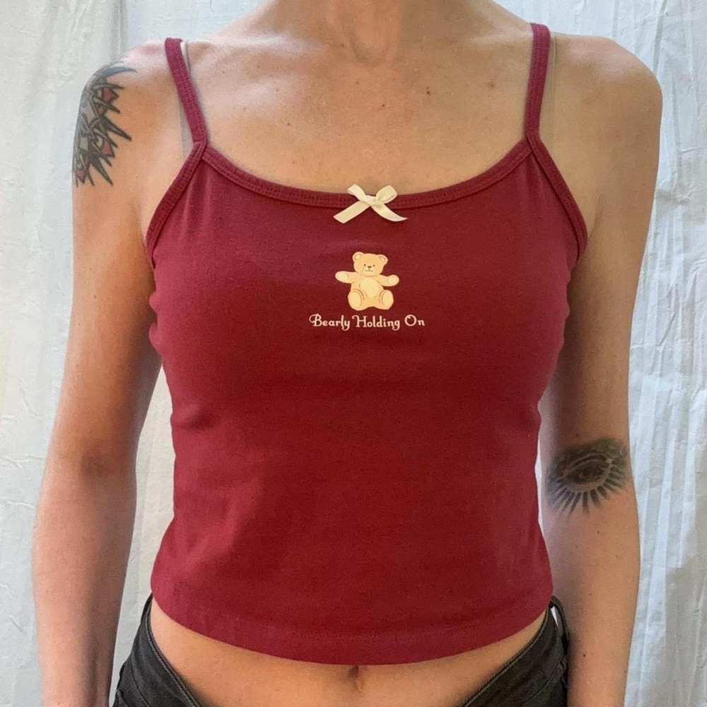 Burgundy Red Teddy Bear “Barely Hanging On” Cropped Tank Top Coquette‎ Emo Vibes